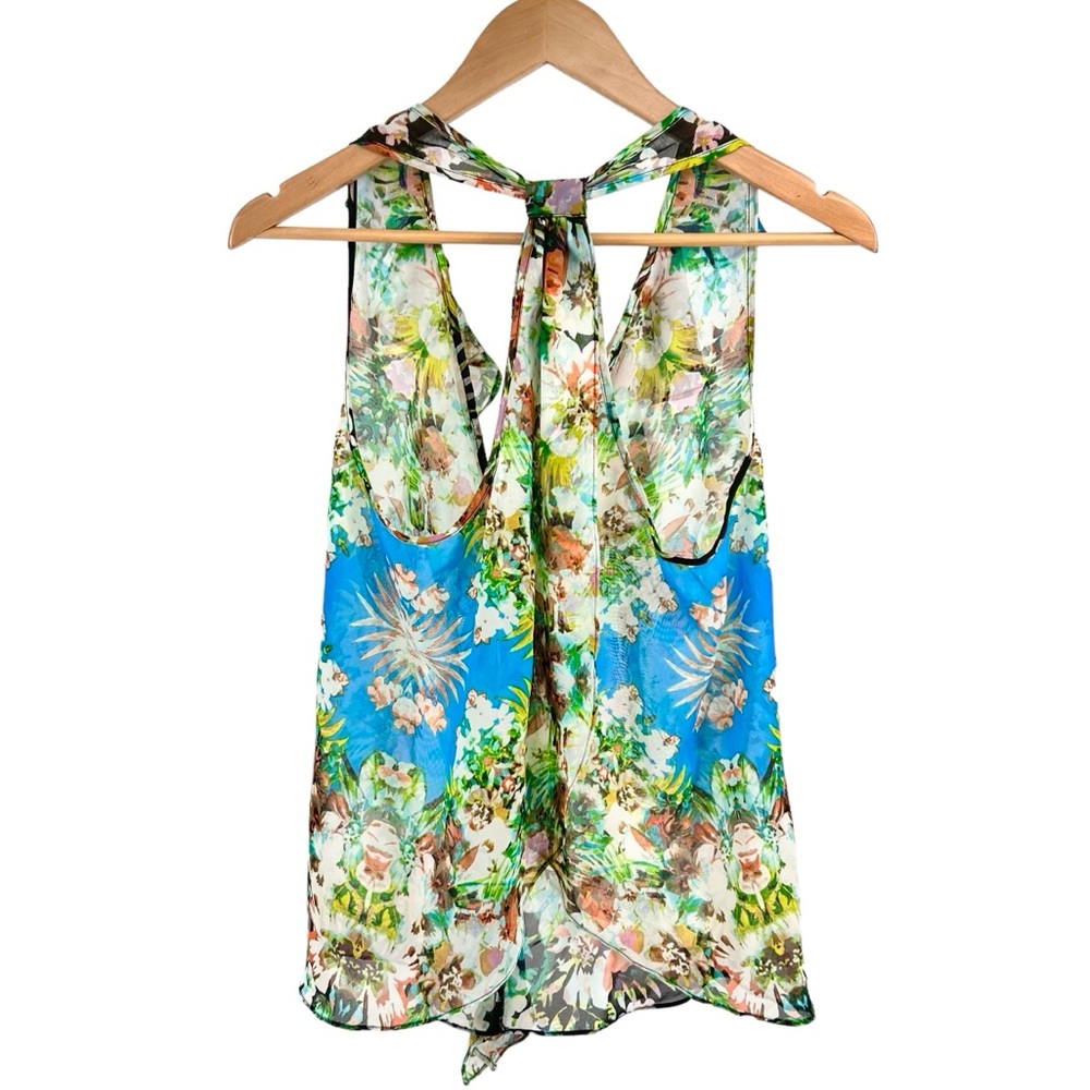 Bisou Bisou NWT Sheer Open Back Blouse Size XS Tropical Scarf Print Multicolored